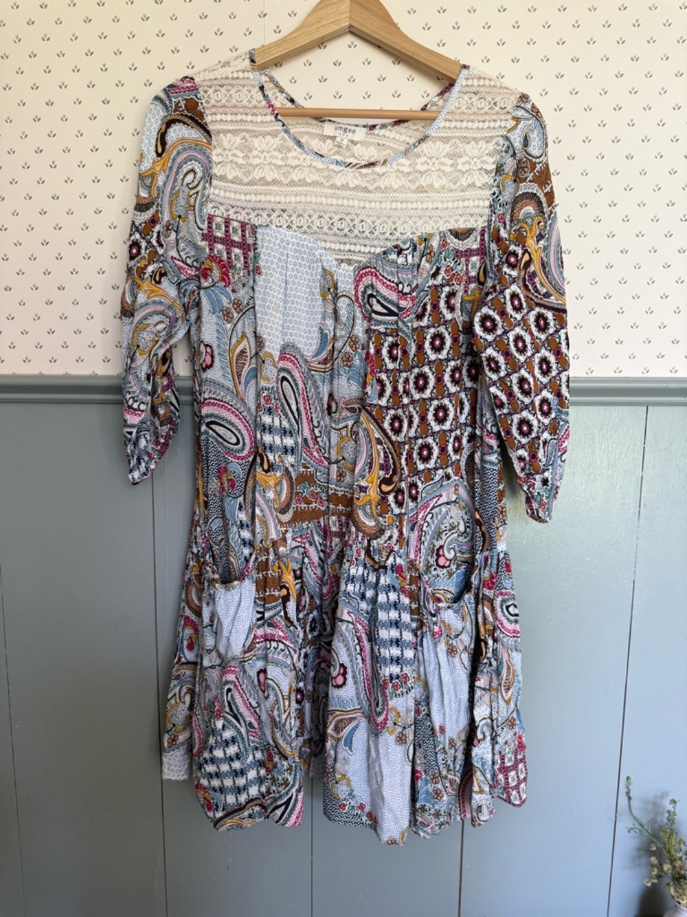Umgee Multi Paisley Patchwork Midi Dress with Lace Yoke